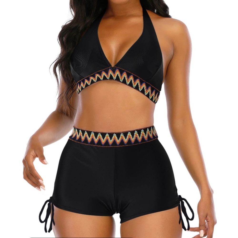 Adisputent Swimsuit Women XXL Black NEW Embroidered‎ Halter Top Boyshort Set